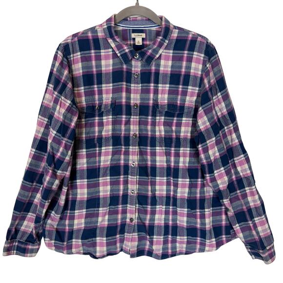 L.L. Bean Flannel Shirt Women XL Blue Pink Scotch Plaid Relaxed Casual Button-Up - Picture 1 of 11